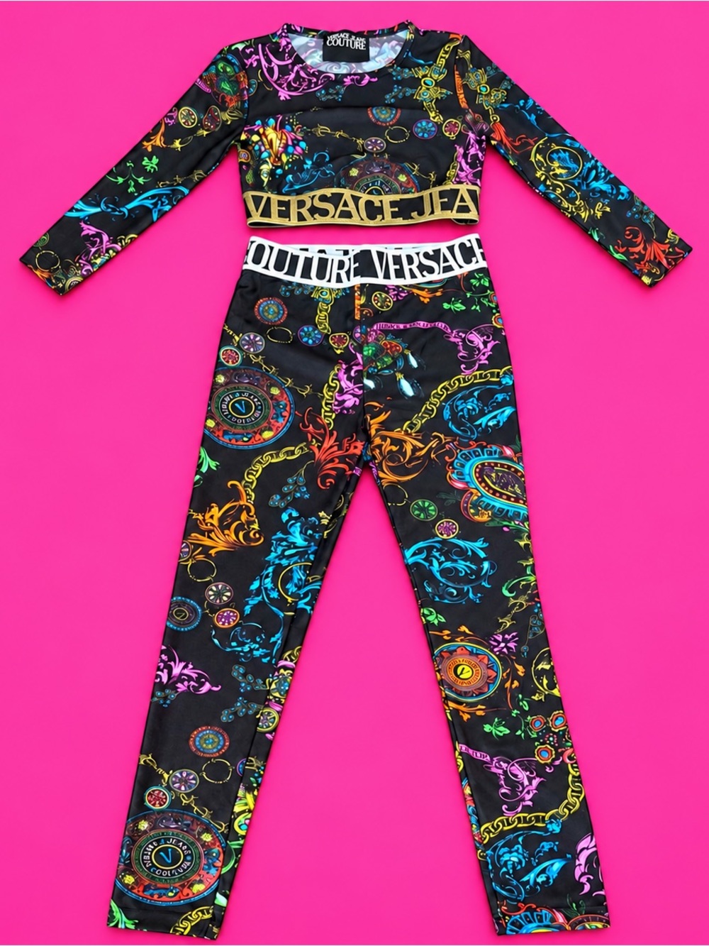🔥 Versace Jeans Couture Baroque Workout Set Crop Top + Leggings Size 6